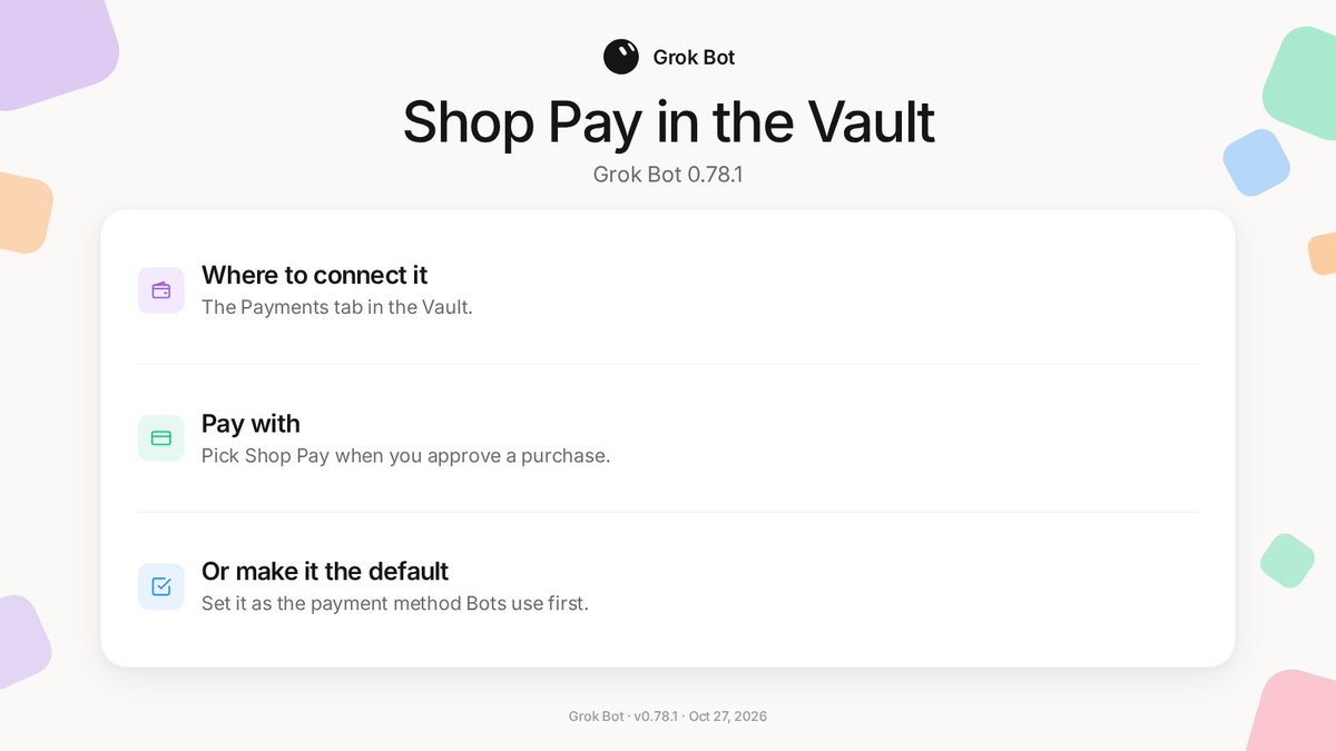 sunset_evm's tweet photo. Grok Bot can now pay with Shop Pay straight from your Vault.

How to: open the Vault's Payments tab and connect Shop Pay. Then pick it in Pay with, or make it the payment method Bots use first.

You still approve every purchase. https://t.co/SSVGCdxw8S