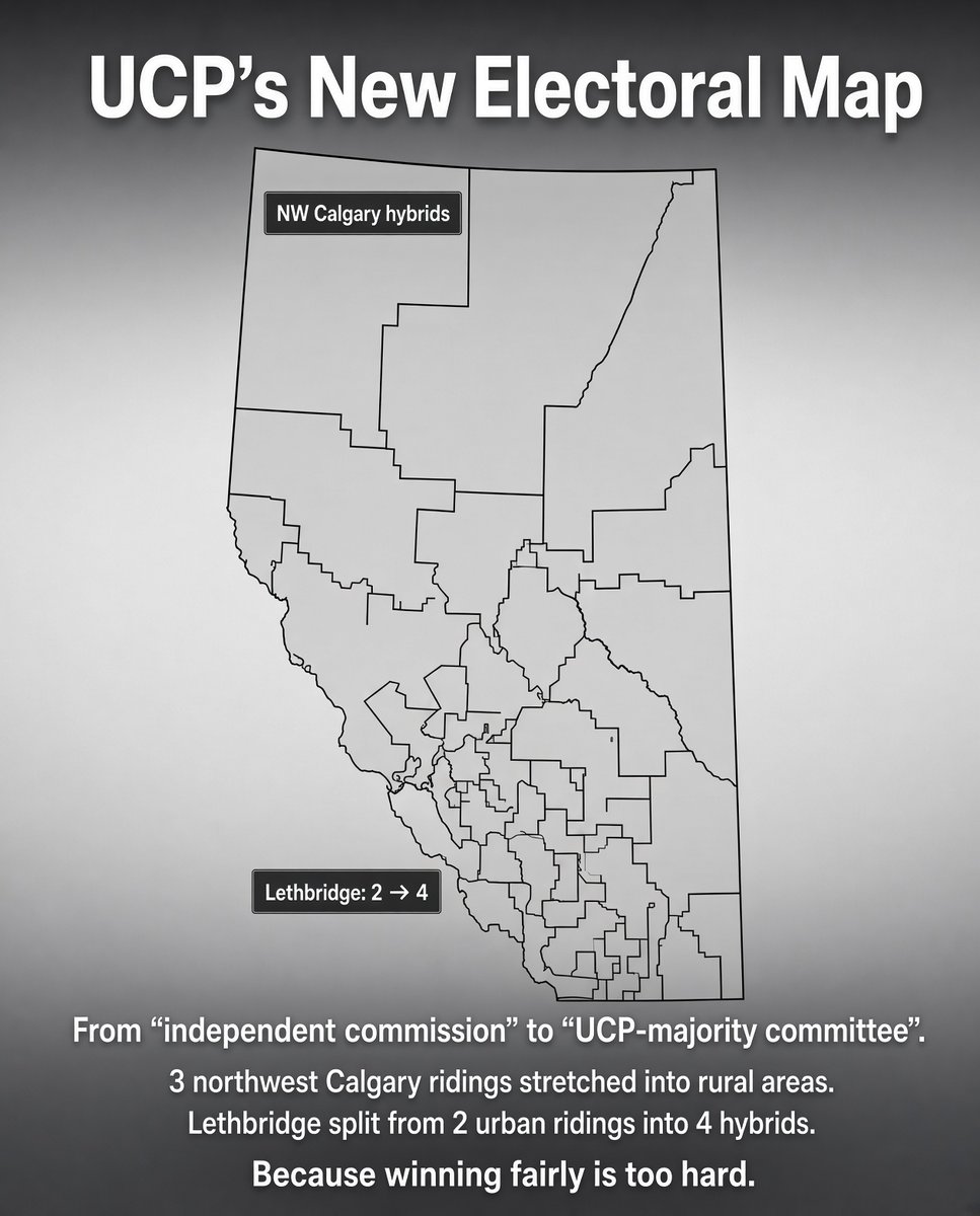 sytsema_andy's tweet photo. Once Alberta’s new constituency boundaries pass into law, parties, candidates, and individuals can challenge them in court under the Charter (s. 3 – effective representation), the Electoral Boundaries Commission Act, and administrative law principles.

The independent commission’s majority report already flagged risks with certain approaches. If the final map shows unjustified population variances or appears designed for partisan advantage, those challenges are available.

We still live in #Canada regardless of what the current Alberta government says! 🇨🇦
#ableg #abpoli #cdnpoli #GerrymanderingAB