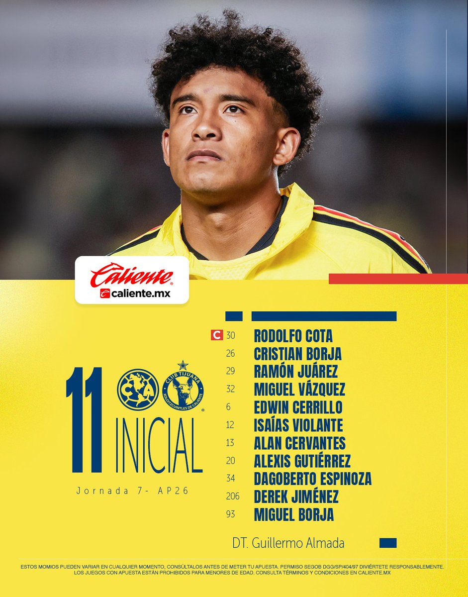 ClubAmerica's tweet photo. ¡Las 11 Águilas titulares para la Jornada 7! 🦅💥

🔥 @calientesports
📲 https://t.co/VshTaTOlsV
#MásAcciónMásDiversión #JugamosPorMás #Caliente https://t.co/pQDkGxYPFt