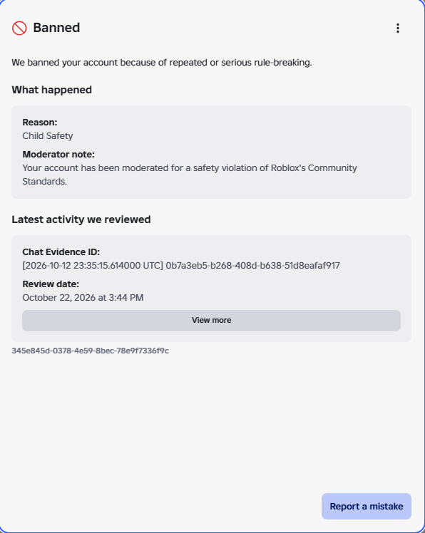 DeltaOverseer's tweet photo. Reposting since my last post got little reach :p

Got falsely banned? i am Collecting perm bans and enforcement ban cases to bring to known Roblox creators for help

Reply or DM me Discord: delta0real c:
#Roblox #AppealDenied #EnforcementBan #Banwave
@Roblox_RTC https://t.co/CiPyQ3UMNr