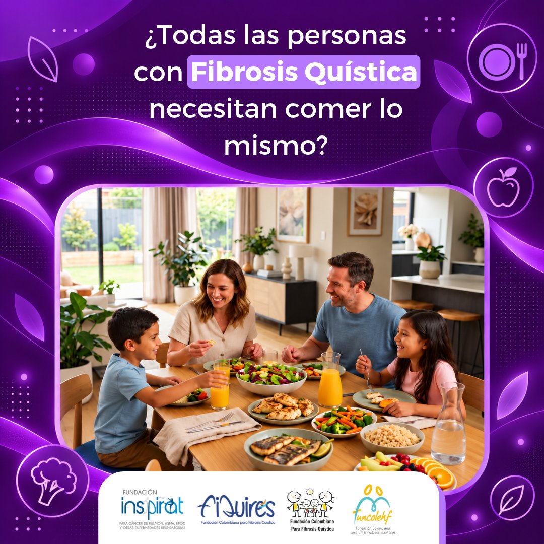funcolehf's tweet photo. En #FibrosisQuística, la alimentación debe adaptarse a cada persona: comer más no es una recomendación universal.
 La edad, absorción y actividad física influyen. 
Con el equipo de salud, considera gustos, presupuesto y alimentos disponibles. 
💜
#FIQUIRES https://t.co/Ko5aBLZ5vc