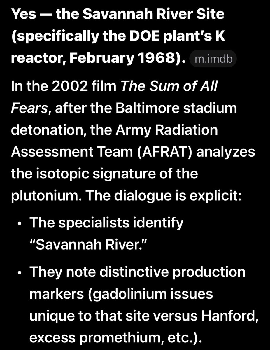 RealAbs1776's tweet photo. I raaaaarely ever start posts with “holy shit!”…

But … holy shit!!! 

There is an emergency response underway at a US DOE Complex near Aiken, SC. 

Which complex is this? It’s the Savannah River Site. SRS is a uranium/plutonium enrichment facility. 

Why does that matter? 

Q mentioned the movie The Sum Of All Fears a few times. In that movie, a nuclear bomb is detonated at a football game. 

In the movie, the plutonium for the nuke was manufactured at the Savannah River Site. 

The Department Of Energy carries the Q clearance. 

So - On October 28th, the anniversary of Q’s first drop, we have an incident ongoing at a DOE nuclear facility. And it just so happens to be the SAME facility which the plutonium for the nuke came from in Sum Of All Fears. 

WTAF. 🤯🤯🤯