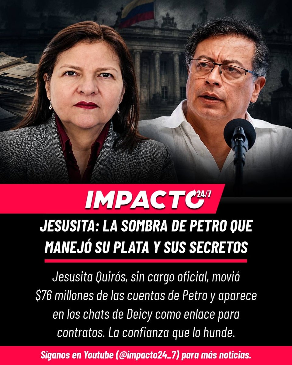 Impacto24_7's tweet photo. 🚨🇨🇴 LA SOMBRA DE PETRO | Sin cargo oficial, sin nómina pública, pero con acceso total a su plata y a sus "favores". Jesusita Quirós movió $76 millones de las cuentas de Petro y aparece en los chats de Deicy como la que gestionaba contratos. El hombre que habló de ética acabó rodeado de burdeles, perfiles falsos y testaferros de confianza. ¡Esto no para!
