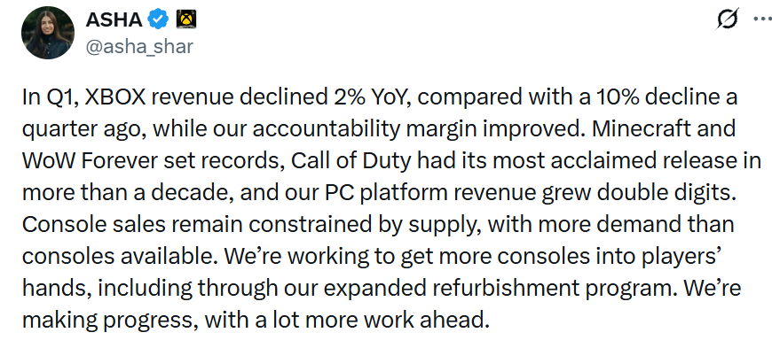 MM2K's tweet photo. I don't get why Asha Sharma mentions YoY comparisons of last quarter vs this one. Year over Year +/- of different quarters are irrelevant.  

Thus, it does appear they sold 100k more units vs last QTR. That's somewhat relevant (at least they didn't undersell weakest fiscal QTR🤷‍♂️) https://t.co/ut9AjKNC7G
