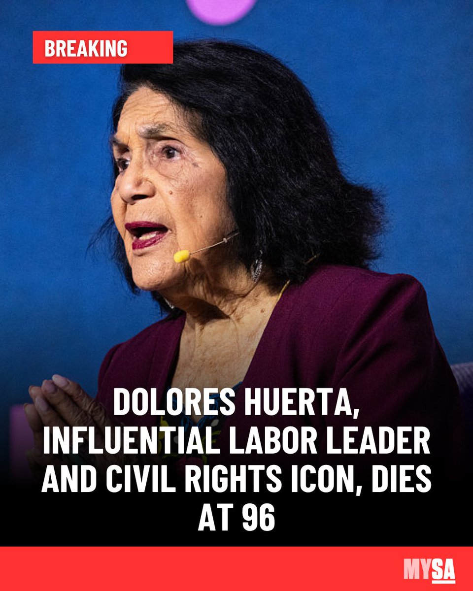 mySA's tweet photo. Dolores Huerta, who co-founded the United Farm Workers union to improve working conditions in the nation's fruit and vegetable fields, has died 🔗 https://t.co/RKwPtiTIMt https://t.co/2s4TB3v59C