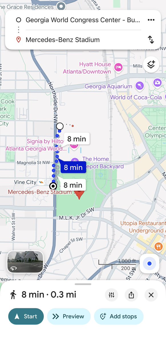 SUPRFUTUR's tweet photo. The Georgia World Congress Center to both the arena + stadium is both immediately closer than the convention center to the superdome.

I’m not advocating for it to be here at all. I’m just pointing out that the facts don’t support your argument. https://t.co/x2mU3dBExX