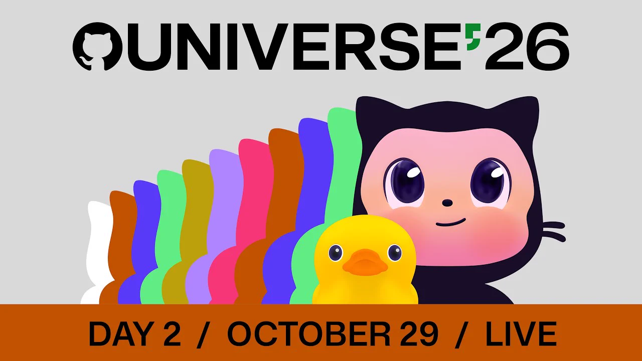 A colorful graphic for UNIVERSE26 featuring a playful, cartoon-style cat and a duck. Behind them, a vibrant gradient of rainbow-colored shapes. Text displays 'DAY 2 OCTOBER 29 LIVE' prominently at the bottom.