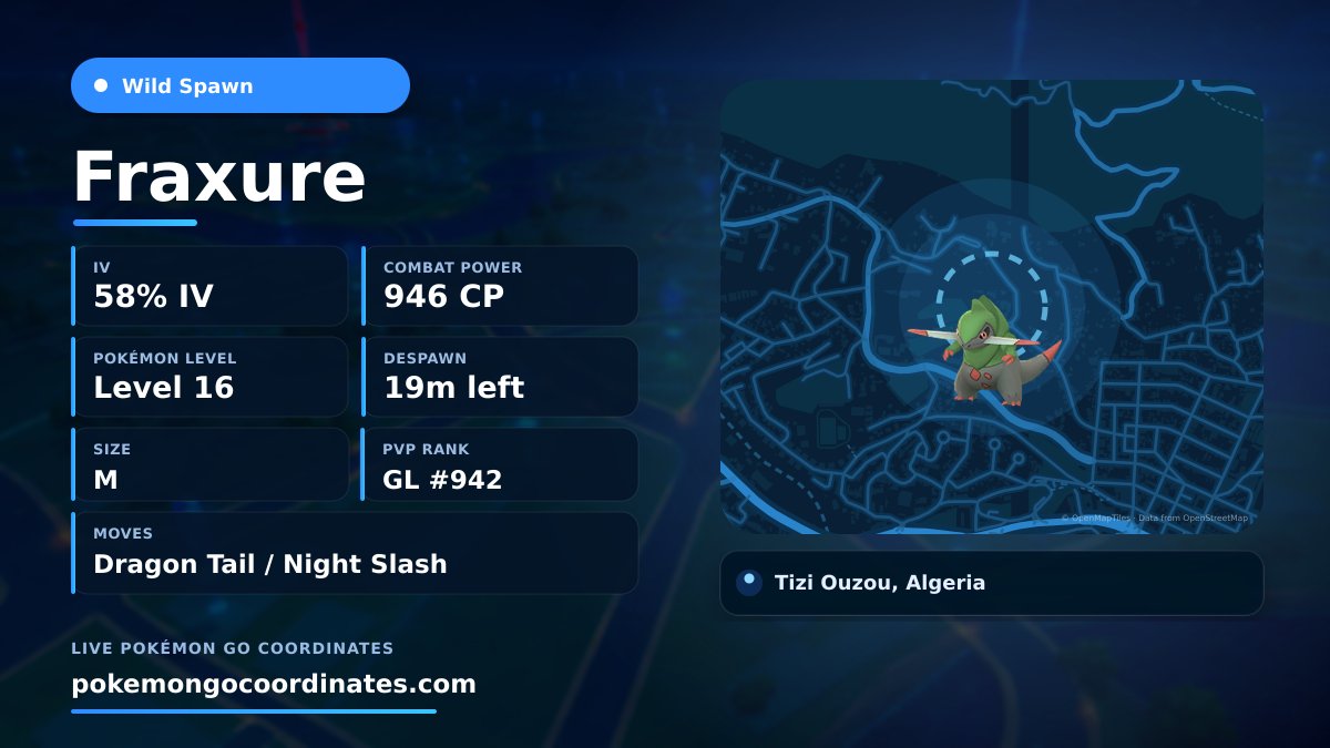 CoordsPokemonGo's tweet photo. Rare #Fraxure Wild Spawn
58% IV • 946 WP • Level 16 • Size M
Moves: Dragon Tail/Night Slash
🇩🇿 Tizi Ouzou, Algeria
Despawns in 19 minutes
36.720486,4.041885
#iSpoofer • #WildSpawn https://t.co/h04m3gWYp6