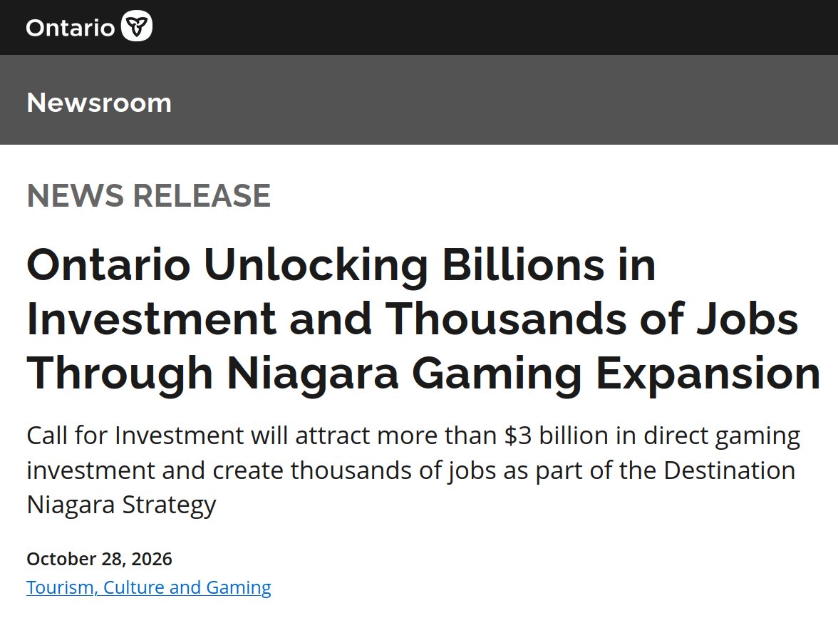 miki_fern's tweet photo. a doozy off the ontario newsroom today.
ONgov &amp; LOC have launched a Call for Investment to enable more than $3B in direct gaming investment in Niagara Region &amp; support $600M+ in additional private-sector investment across different components of Destination Niagara Strategy https://t.co/jC6NE35jW6