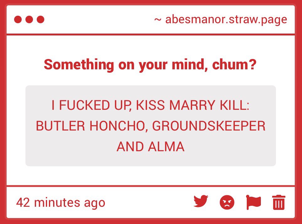 AbeCreakstopher's tweet photo. 1: STOP
2: Marry groundskeeper. I’d rather die than kiss either of those 2, but I also wouldn’t kill them either so you just aren’t getting an answer.
3: I…Don’t remember, actually.
4: ABSOLUTELY NOT.
5: Whuh… Okay?… https://t.co/m0nl3NH4Gk
