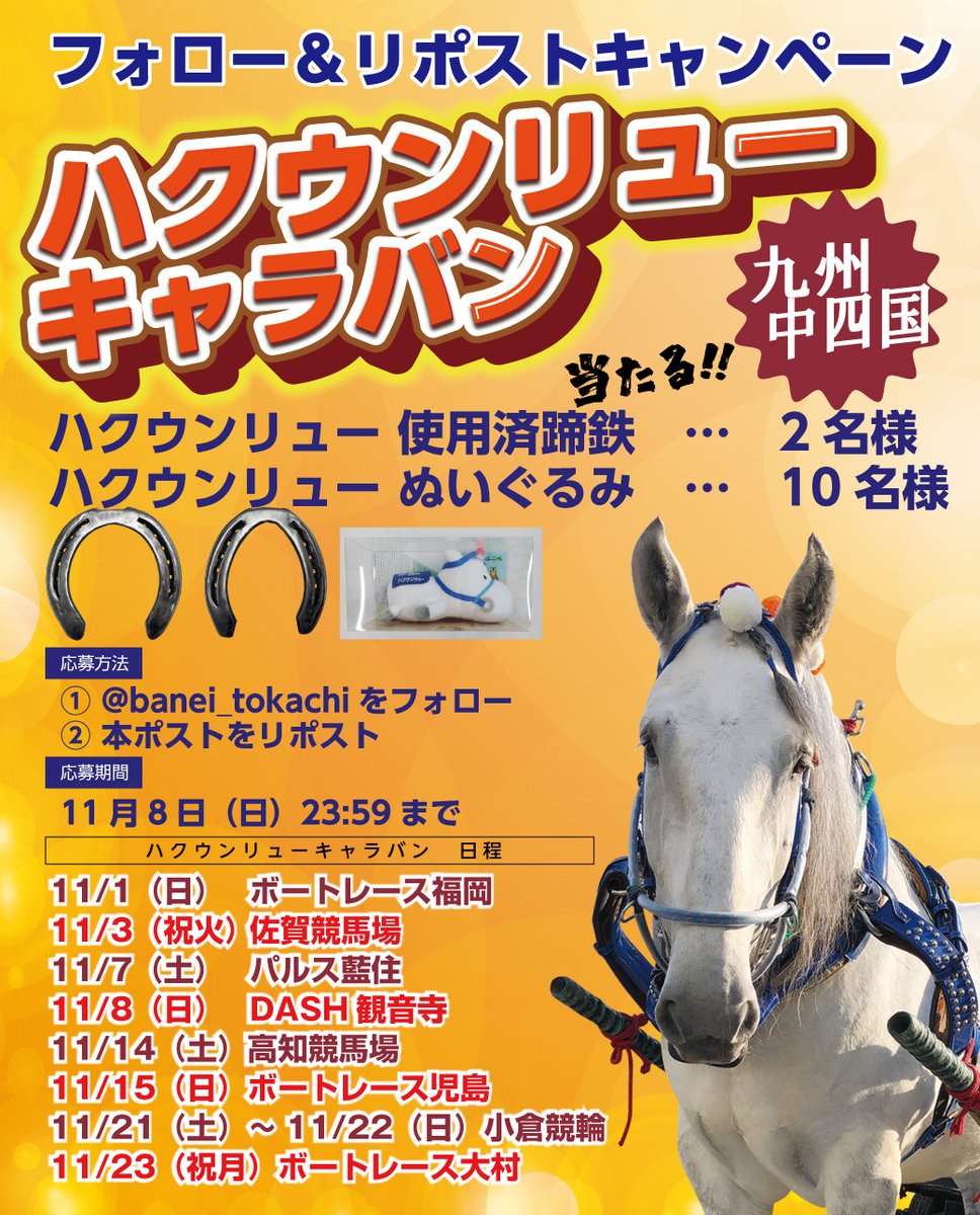 banei_tokachi's tweet photo. ／ #ハクウンリュー の
使用済み蹄鉄やぬいぐるみが12名様に当たる🐴🎯
 ＼
❶@banei_tokachi をフォロー 
❷このポストをリポスト 

締切：11/8(日)23:59まで！

＜ハクウンリュー九州・中四国出張スケジュール＞
11/1（日）ボートレース福岡
11/3（祝火）佐賀競馬場
11/7（土）パルス藍住
11/8（日）DASH観音寺
11/14（土）高知競馬場
11/15（日）ボートレース児島
11/21（土）～11/22（日）小倉競輪場