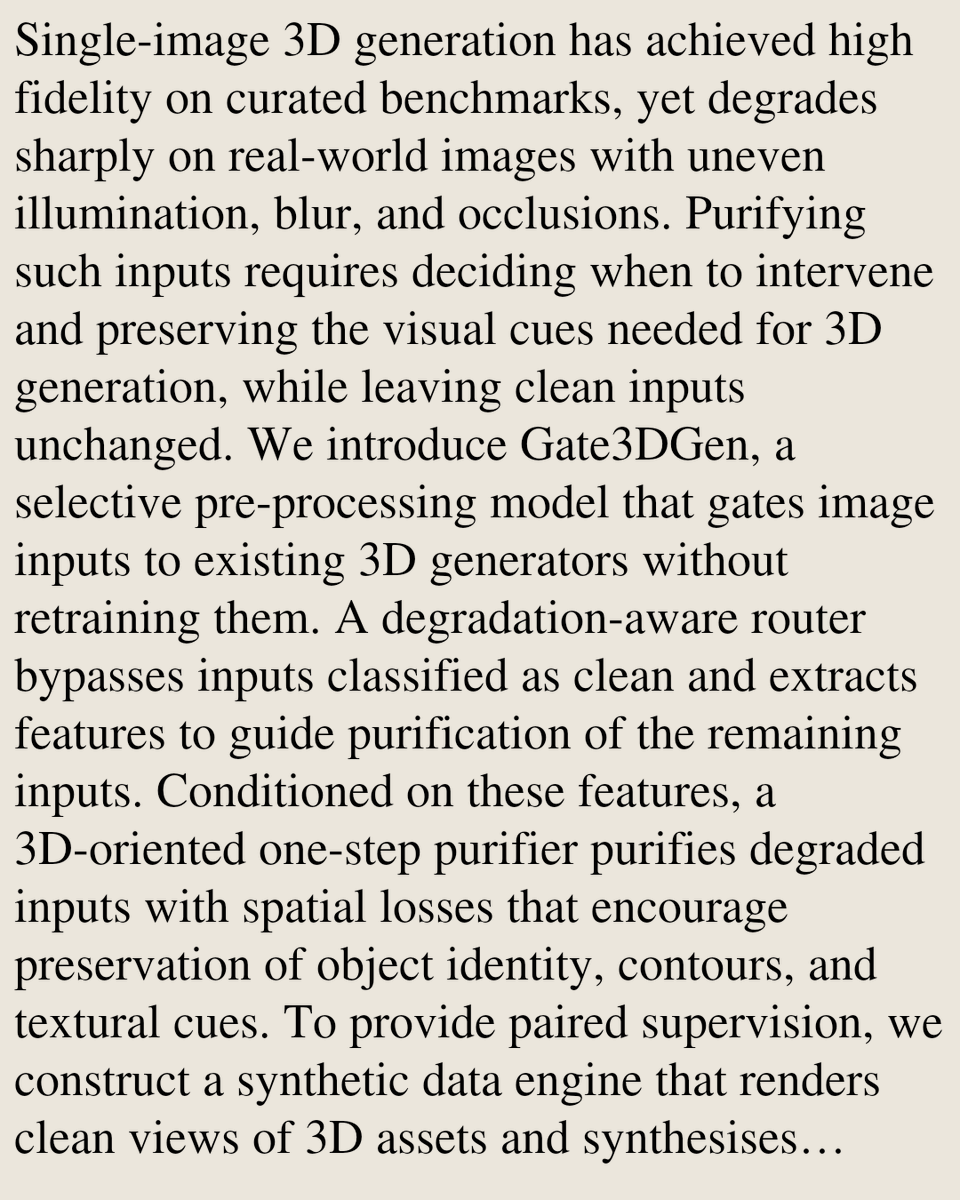 CSVisionPapers's tweet photo. Gate3DGen: A Pre-processing Model that Selectively Purifies Real-World Images for 3D Generation

Xiaolin Li, Zihao Huang, Fanpeng Meng, Chen Yang, Guanjun Wu, Kai Zhang, Jiemin Fang, Qi Tian
https://t.co/rLWZbStOBi [𝚌𝚜.𝙲𝚅]
💬Project: https://t.co/9HukWLf3FV https://t.co/RuMTNSfXsD