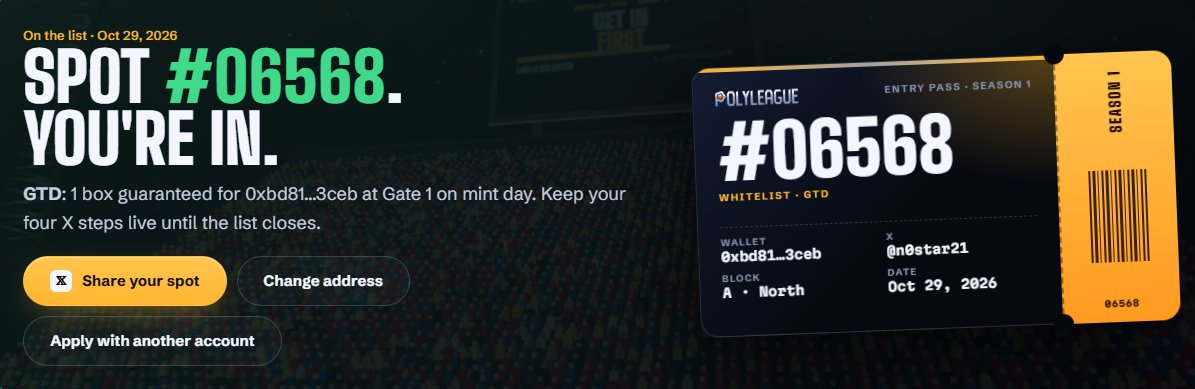 n0star21's tweet photo. Just secured my GTD Spot #06568 on @PolyLeagueRH #PolyLeague

It's NFT fantasy football on real matches.
Secure your spot rn bcs it's already 1467/200

Get your spot here:
https://t.co/DZBu0UDqwf https://t.co/1kfY8OH9ud