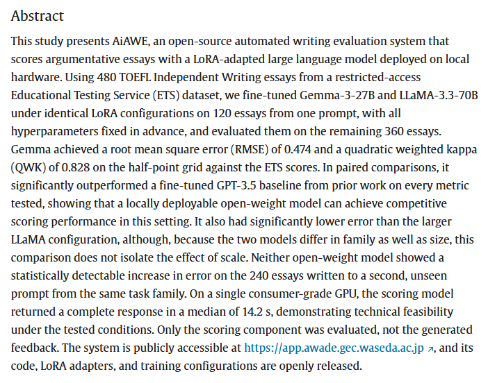 RMALJournal's tweet photo. New article: 
Gayed, J. M. (2026). Evaluating open-weight LLMs for scoring L2 essays: Accuracy, prompt transfer, and deployment of AiAWE. Research Methods in Applied Linguistics, 5(3), 100390: https://t.co/i7lWxchsEa https://t.co/p6Oghboozi
