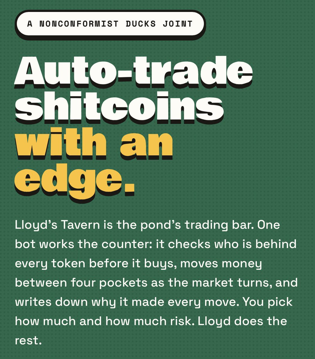 RealDuckMaster's tweet photo. Been building something in the back for the @NoncoDucks .

His name is Lloyd. He's a trading bot, and he's not like the others.
Most bots run one strategy and pray the market plays along. 

Lloyd reads the room first. Every 10 minutes he checks the market's mood and moves the money where it belongs:
→ market ripping: majors and memes → market bleeding: he shorts it → nothing worth the risk: cash, and he tells you why.

Before he touches a small cap, he traces who funded the top holders. 20 holders fed by the same wallet? Creator with 300 dead tokens behind him? He walks.

His stops only move up. He never revenge trades. He writes down every reason, live, in public.

Your wallet, your keys. He can swap. He can't withdraw.

Doors aren't open yet. Lloyd is trading real money in public right now while we calibrate him. Seats will be limited on purpose, because he won't trade against his own customers.

Nonco Genesis holders get the first stools and pay zero on profits.

You know what to do.
Go get your ducks. 🦆