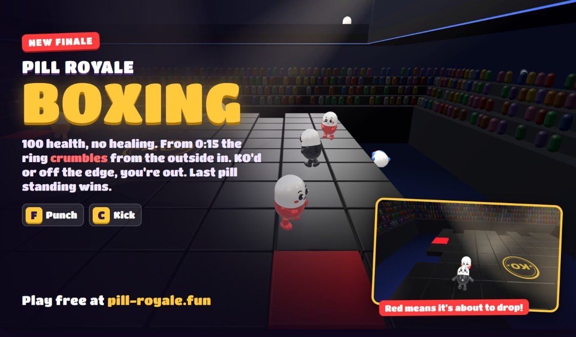 PillRoyale's tweet photo. New finale just dropped 🥊

BOXING: punch and kick your way to the top. 100 health, no healing, and from 0:15 the ring crumbles from the outside in. KO'd or off the edge, you're out. Last pill standing wins.

Also in this update:
📱 Hide chat button on mobile (blinks when someone talks)
🤖 Bots make more mistakes on Charlotte's Web and the Witch's Cauldron
📖 How-to-play card before Boxing starts

The goal is 5 mini games for each round picked at random, than we build it into a @solanamobile seeker app.

Trust me your early

HvNjQ2Eh8CjShXjEkLrEQWnzo39EZyr6wLTpYwm1pump

Live now at https://t.co/IukaSwnDiT