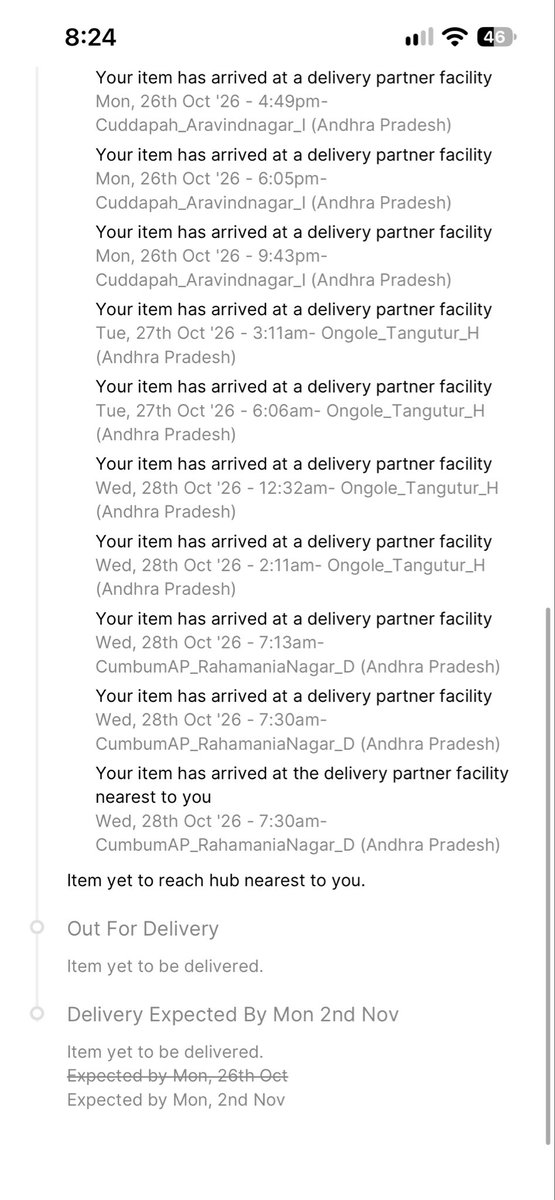 rameshu86555570's tweet photo. @FlipkartSupport It’s been 20 days since I placed my order, and it’s still undelivered. The status showed that it had reached the nearest location, but now it says “Network Delay.” Your delivery partner @Delhivery is providing an extremely disappointing service. Please resolve https://t.co/t5wC8LobpZ