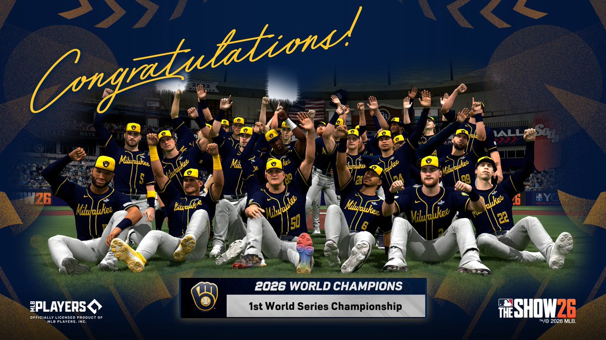 MLBTheShow's tweet photo. The Milwaukee @Brewers are #WorldSeries champions for the first time in franchise history! 🏆⚾

#WinOurWay | #Postseason https://t.co/z4OiMCDF70