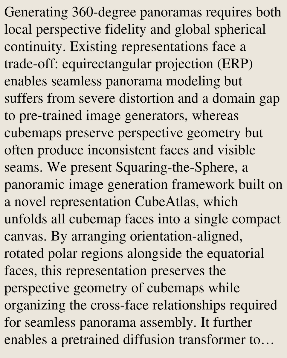 CSVisionPapers's tweet photo. Squaring-the-Sphere: Distortion-Free and Seamless Panorama Generation via CubeAtlas

Xuhui Zuo, Chenjie Cao, Tengfei Wang, Junta Wu, Yisu Zhang, Chunchao Guo
https://t.co/7OZ7fazEMm [𝚌𝚜.𝙲𝚅] https://t.co/ue0qcVVFi1