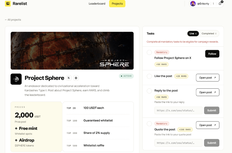 Erikcrty's tweet photo. New @rarelistio campaign is LIVE.

A total of $2,000 USDT is up for grabs, alongside multiple opportunities to secure whitelist access and a share of the supply.

Reward breakdown:
Top 20: $100 USDT each
Top 100: Guaranteed whitelist
Top 200: Share of 2% of the supply
Top 500: Whitelist raffle

The strategy is simple: aim for the highest rank possible to maximize your rewards and secure your spot in the campaign.

Join here: https://t.co/3ngRI14UV9

Get involved early and make your activity count.