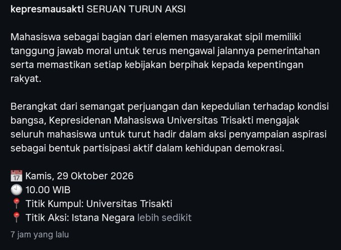 ejaaipongg's tweet photo. 🚨🚨 BREAKING NEWS 

HARI INI 29 OKTOBER 2026 

TRISAKTI AKAN TURUN  AKSI DAN TITIK AKSINYA DI ISTANA NEGARA. MENYALA KAMPUS REFORMASI 🔥🔥 https://t.co/047r5f06iQ