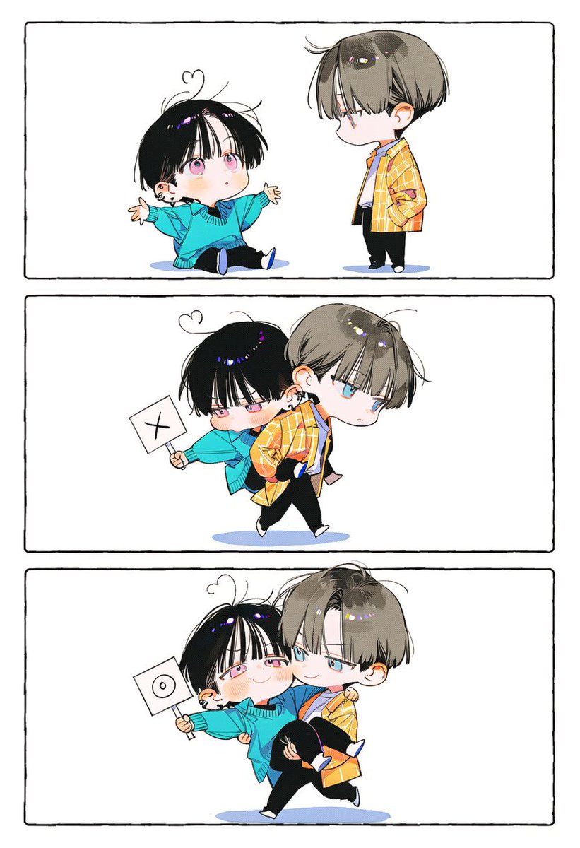 yeon__ing's tweet photo. [✖️⭕️]
프롬 공유(V5/츠바키3)
4::chibi, chibi style, SD, chibi only, full body::,
a three-panel comic page, 3 horizontal panels, clear panel borders, vertical stacking layout, webtoon style, full color, high quality, comedy romance manga.minimal background, plain white background, simple background.

Panel 1: Top panel, side view. A is sitting on the floor with arms wide open, looking up toward B who is standing nearby. B is looking down toward A. Both characters shown in profile. Plain white background.

Panel 2: Middle panel, side view. 2::A is being carried on B's back in a piggyback ride::, making a pouty, sulky expression while holding up a small sign with a 2::"X" mark::. Plain white background.

Panel 3: Bottom panel, side view, satisfying beat. 2::A is being carried by B in a princess carry style, bridal carry::, looking very pleased and smug with a warm, smile while holding up a small sign with a 2::"circle" mark::. Plain white background.