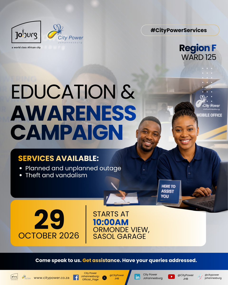 CityPowerJhb's tweet photo. #CityPowerServices 

Education &amp; Awareness Campaign.

Come speak to us, get assistance and have your queries addressed.

^KM https://t.co/6ZLtGp0pw2