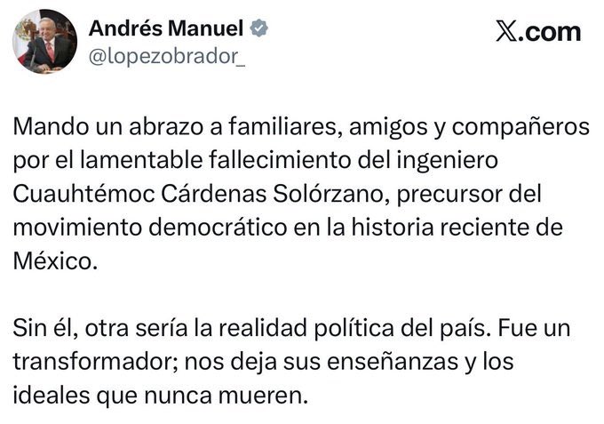 Notigram's tweet photo. 📲 El expresidente López Obrador lamentó la muerte de Cuauhtémoc Cárdenas Solórzano, a quien destacó como precursor de la democracia en el México contemporáneo. https://t.co/QhuFyuGSIk