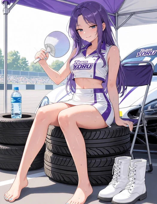anime girl on a racetrack taking a break under the shade from the heat