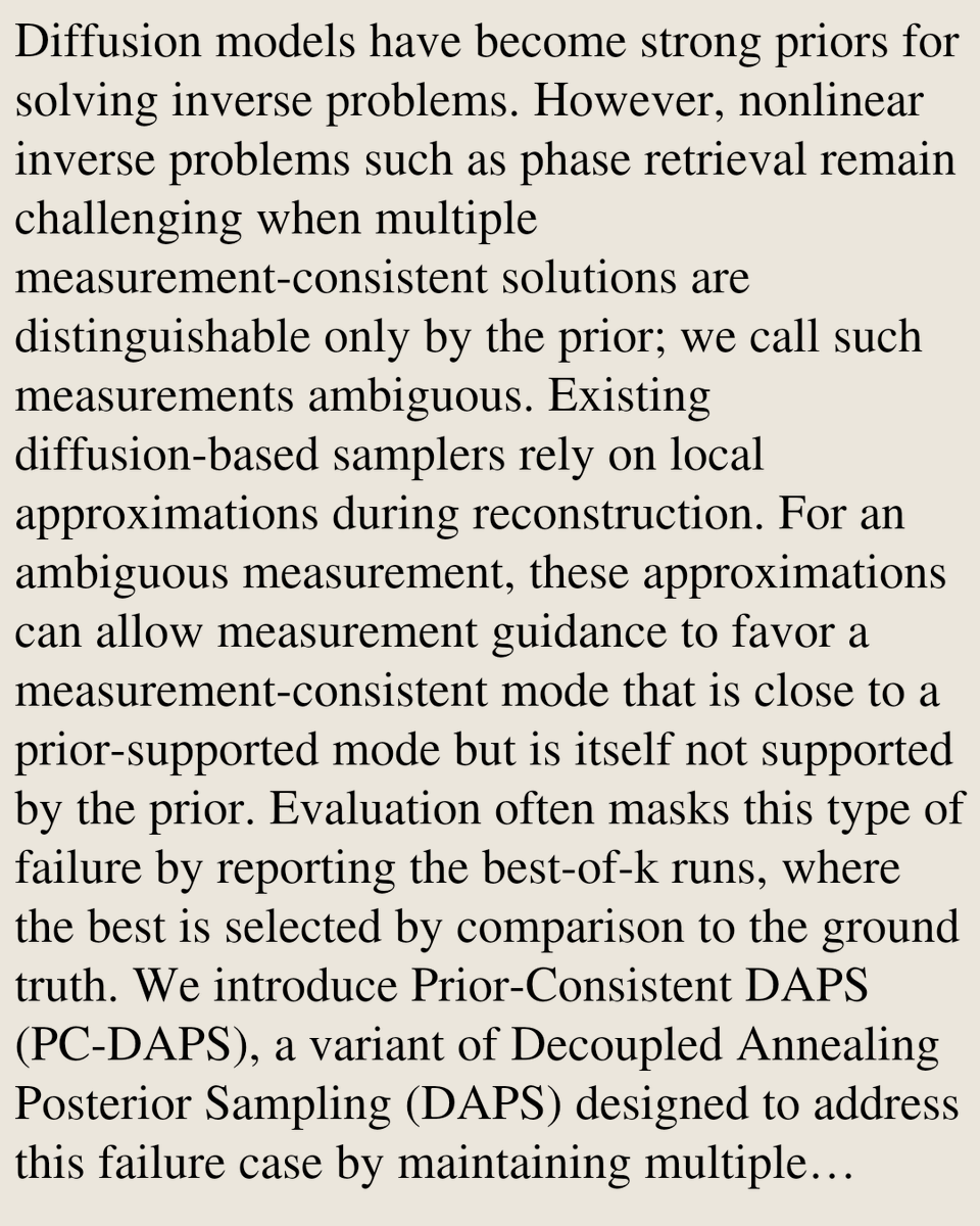 CSVisionPapers's tweet photo. Beyond Best-of-k: Prior-Consistent DAPS for Ambiguous Nonlinear Inverse Problems

Merve Kocabas, Benjamin A. Burns, Andreas Geiger, Kent Gauen, Sara Fridovich-Keil
https://t.co/oAzEik6zRG [𝚌𝚜.𝙲𝚅 𝚌𝚜.𝙻𝙶] https://t.co/pcRFyywp34