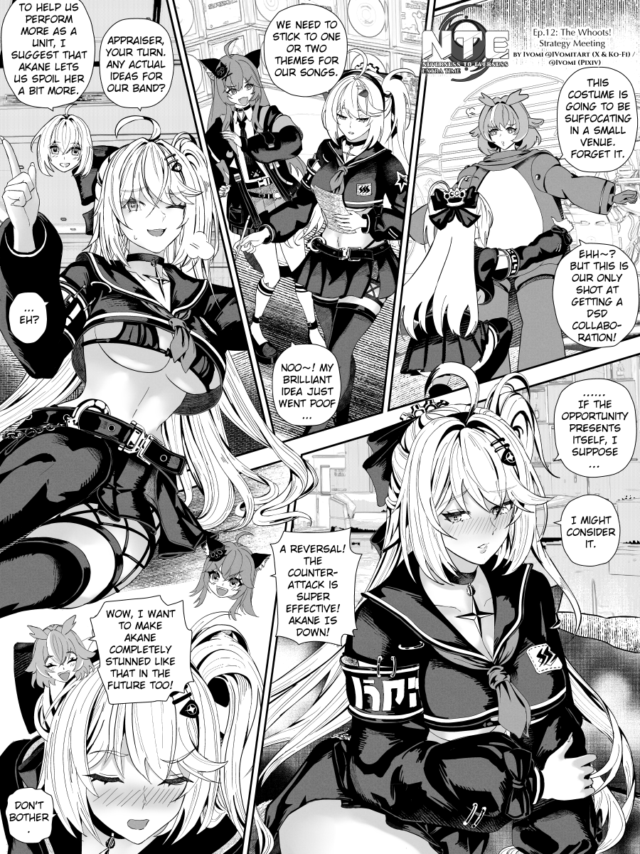 IVomitArt's tweet photo. 【Ep.12】 The Whoots! Strategy Meeting
Appraiser, Haniel, and Nanally giving their best ideas to Akane to make the band better. The best idea is the most unexpected one?
📖 Check the Pixiv link in my bio for the full comic archive! 
#NevernessToEverness #NTE #NTEcreator https://t.co/IBiuGc5hwd