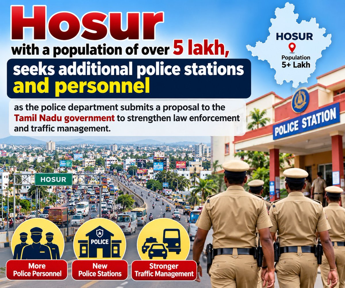 hosurupdates's tweet photo. Hosur, with a population of over 5 lakh, seeks additional police stations and personnel as the police department submits a proposal to the Tamil Nadu government to strengthen law enforcement and traffic management. https://t.co/v7xCIAQRrk