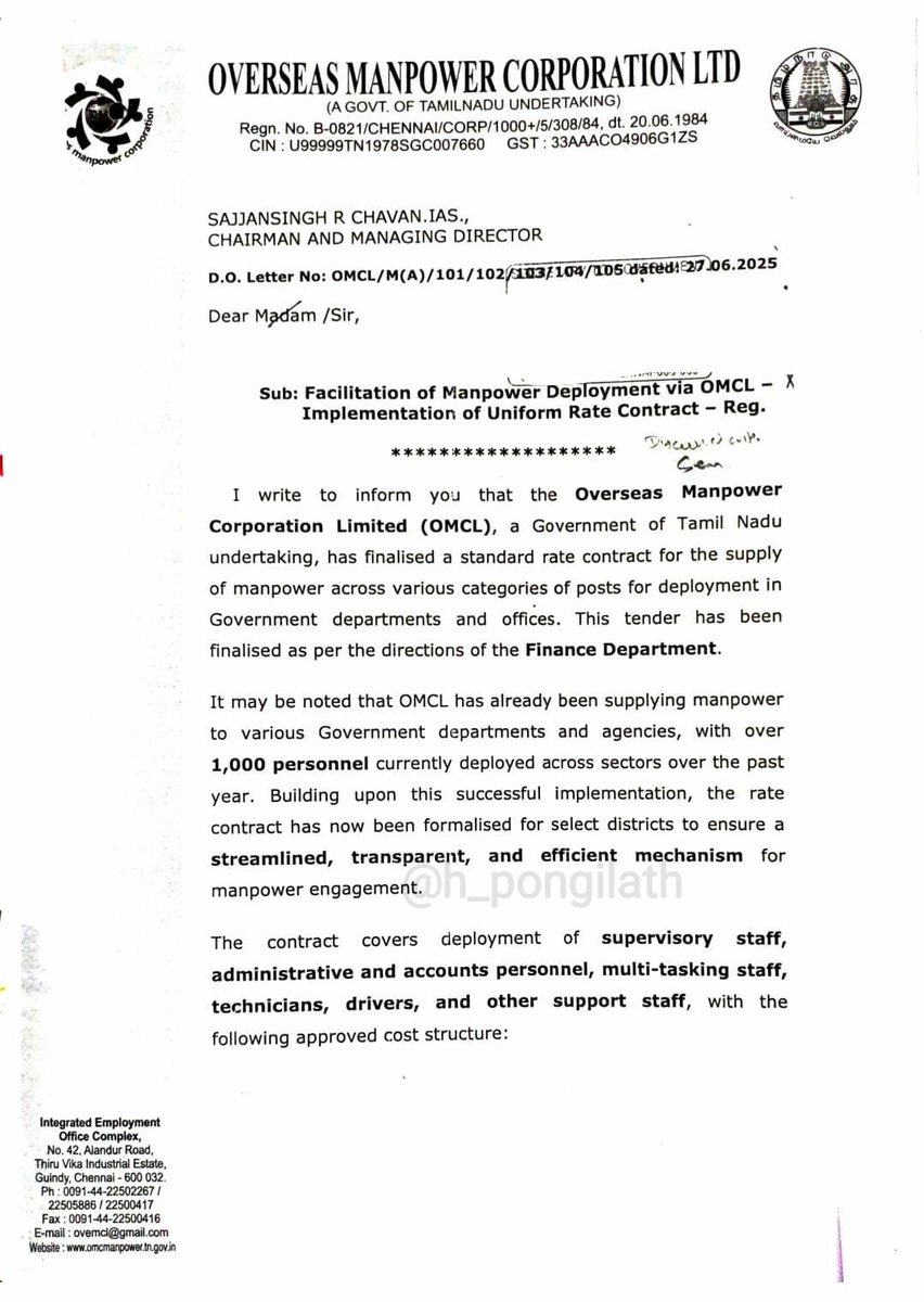 h_pongilath's tweet photo. Overseas Manpower Corporation Ltd (Govt of #TamilNadu UT) - CMD letter to Secretary, Law Department of TN regarding Facilitation of Manpower Deployment via #OMCL - Implementation of Uniform Rate Contract (manpower cost attached 👇)
#manpower https://t.co/lScwZfsEaQ