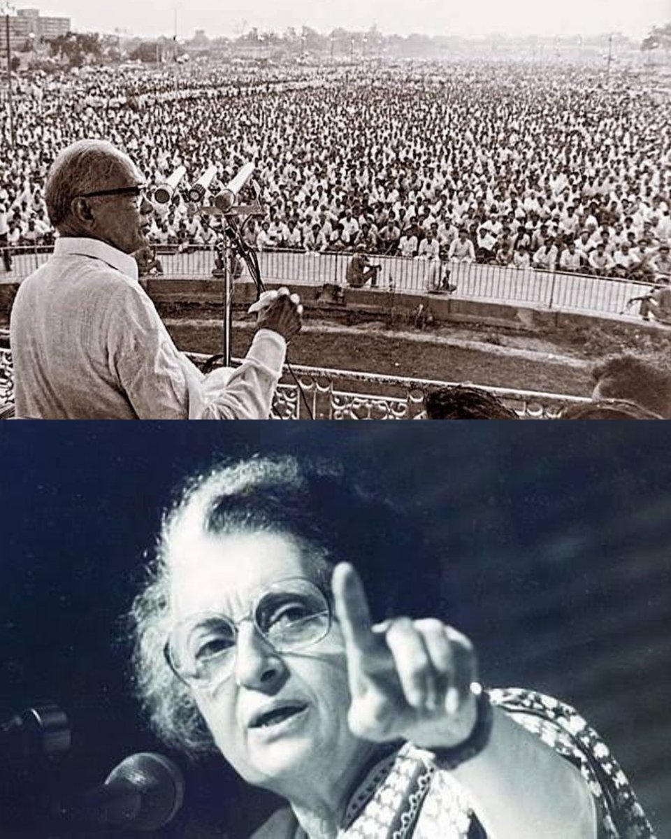 md_deepesh's tweet photo. Some people think Modi is Indira Gandhi.
And 1 November 2026 is a remake of 25 June 1975.

Quick history lesson.
Before the drama starts!

25 June 1975.
JP Narayan addressed nearly 1 lakh people at Delhi's Ramlila Maidan.

Demand? Indira Gandhi must resign!

That very night, she imposed Emergency.

Fast-forward 51 years.

Same ground. 
New dream.
This time, the target is 10X i.e 10 Lakh People!

Crowds arrive.
"Modi darr jayega!"
“Amit Shah Shiver karega”

Modi resigns.
Opposition takes the chair!
Democracy by street drama!

Apparently, Parliament has a walk-in counter!

Just one tiny historical problem.

1975 had Jayaprakash Narayan.
Morarji Desai.
Raj Narain.
Nanaji Deshmukh.
Charan Singh.
George Fernandes.
Vajpayee.
Advani.

Today?
A megaphone doesn't make a Loknayak!
A dynast doesn't make a revolutionary! 
A mere Cockroach doesn't make a Government Shake!

Gujarat was in turmoil.
Bihar's students were revolting.

Inflation.
Unemployment.
Shortages.

Indira's election?
INVALIDATED by the High Court!

Now welcome to 2026.

India's GDP grew 7.8% last quarter.
Problems exist.
But this isn't 1974.

"Vote Chori!" they shout.

Allegations aren't court verdicts.
Modi's election hasn't been invalidated.

Now comes the constitutional comedy!

1975 allowed Emergency for "Internal Disturbance."

The 44th Amendment Act, 1978, effective in June 1979, changed Article 352.

Today to Invoke an Emergency?
War.
External aggression.
Armed rebellion.

Not traffic jams.
Not political slogans.
Not 10 lakh revolutionary selfies!

Now suppose Modi resigns.

Lok Sabha: 543 seats.
NDA: Around 319.
Congress: Just 98.

Does the opposition get his chair?

Sorry, gentlemen!

This isn't musical chairs!

You need a Lok Sabha majority.
Not a million people on the road!

NDA could simply choose another PM.

What if the replacement is even tougher?

Plot twist!

"Modiji, please come back!"

And the grand irony?

Indira Gandhi DIDN'T resign in 1975.
She remained PM throughout Emergency!

Protest? Absolutely.
Question power? Certainly.
Replace Parliament with pavement? Nope.

1975 was history.
2026 isn't its remake.

And the Constitution isn't Netflix.
You can't demand Emergency: Season 2!