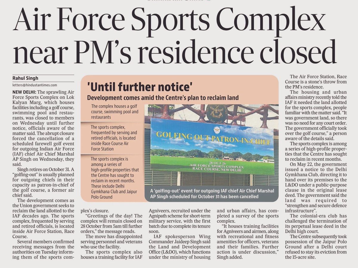 ShivAroor's tweet photo. 🚨 Delhi’s Air Force Race Course golf club closed indefinitely as Govt seeks to reclaim land. Big exclusive by @rahulsinghx: https://t.co/k07OCqx7Ep