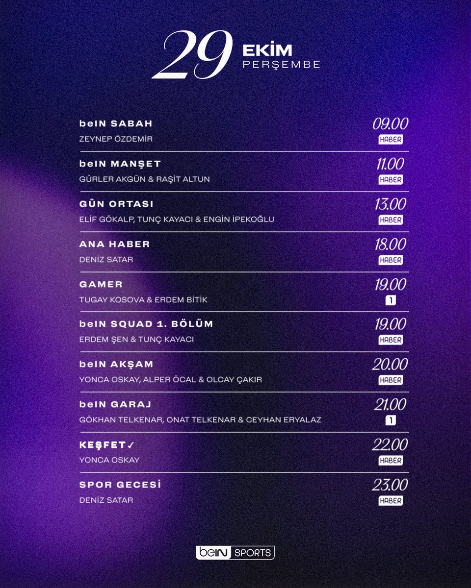 beINSPORTS_TR's tweet photo. 📺 #beINSPORTS ekranlarında günün programı.

👉 #beINSPORTSHABER'deki programları izlemek için: https://t.co/5opG5rvBOX https://t.co/U7mQNmM940
