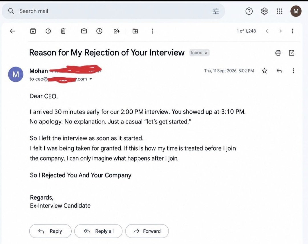 Samaytwt's tweet photo. Bro rejected the company because the CEO showed up late for the interview 😭 https://t.co/YytHK6ry8L