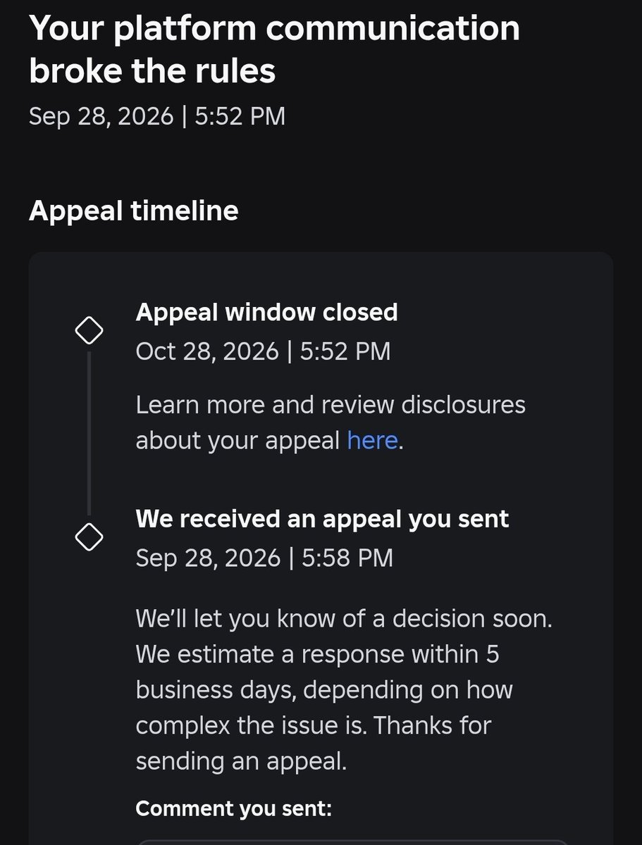 corpsefliesrblx's tweet photo. well... it happened, my appeal window had closed. i received zero help from roblox's support system, sending appeals is practically useless now because you'll just get ignored. @Roblox @RobloxCreators  @KreekCraft #robloxbanwave #robloxban #roblox https://t.co/6tGf6oDXdk