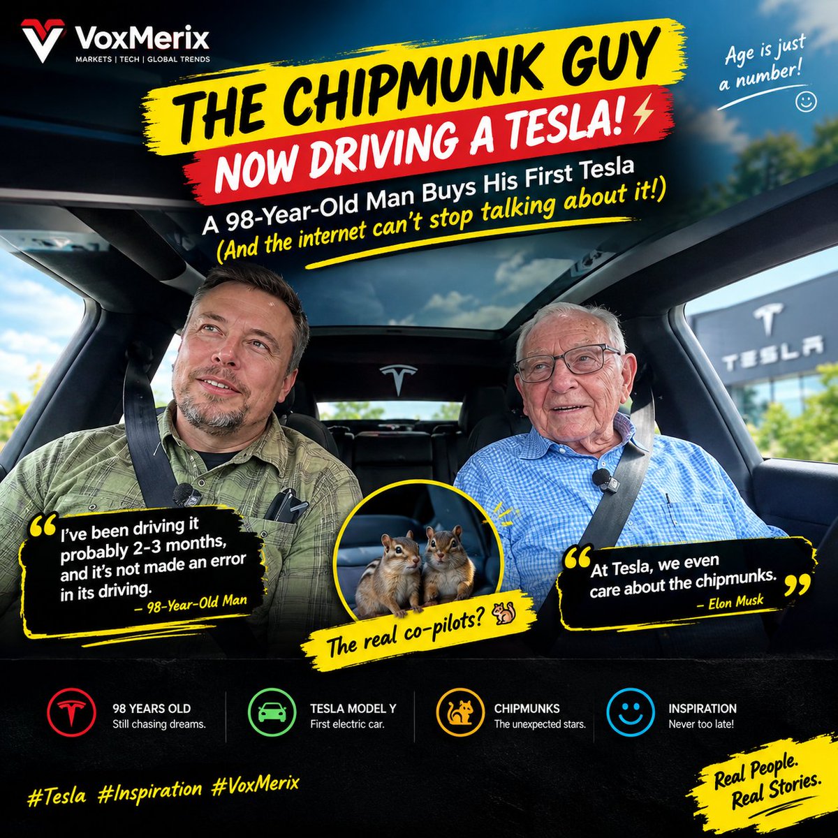 voxmerix's tweet photo. 🚗⚡ 98 years old and driving a Tesla! 🤯 Age is just a number when curiosity never stops. Even Elon Musk noticed! 🐿️

#Tesla #ElonMusk #Innovation #Inspiration #VoxMerix https://t.co/WV0WbeZ05O