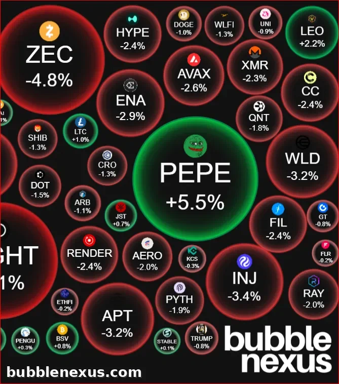 BubbleNexus crypto bubblemap showing $PEPE up 5.5% in green, while most major cryptocurrencies, including ZEC, AVAX, and HYPE, are down over the past 24 hours.