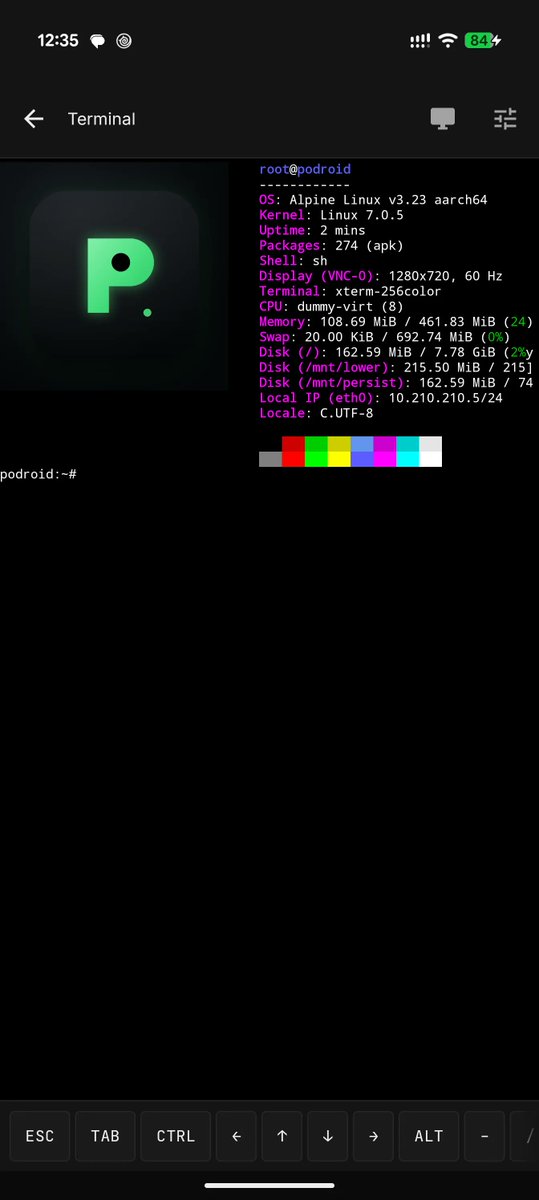 Frontier_Now_26's tweet photo. That old Android phone is a pocket Linux server. Podroid boots an Alpine VM with its OWN kernel (QEMU/AVF) — so Podman, Docker and LXC behave like on a real server. No root, X11 desktop, SSH, Android 8+. GPL-2.0.

https://t.co/2N72mThwgu https://t.co/k0MNyWmcDP