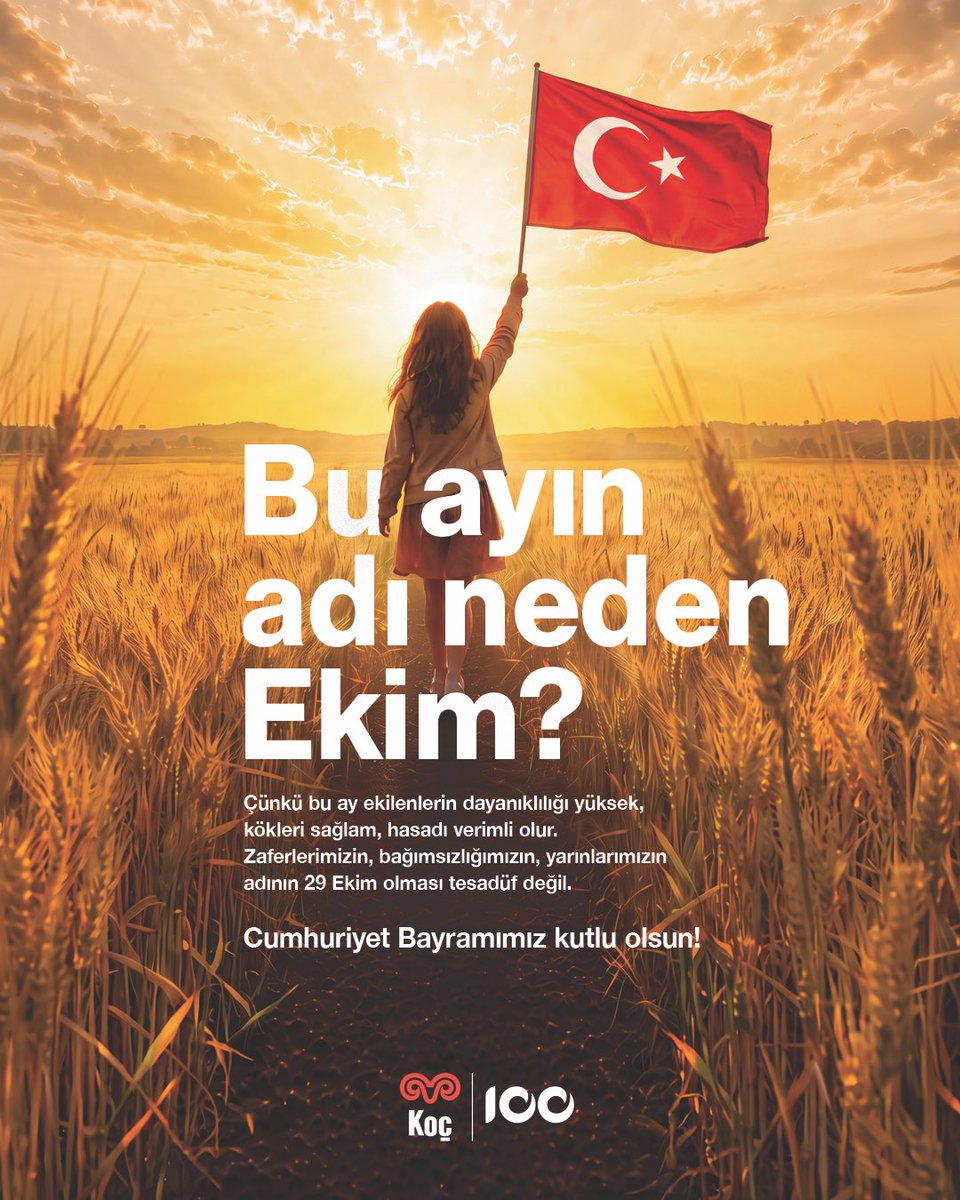 YapiKredi's tweet photo. Bu ayın adı neden Ekim?
 
Çünkü bu ay ekilenlerin dayanıklılığı yüksek, kökleri sağlam, hasadı verimli olur. Zaferlerimizin, bağımsızlığımızın, yarınlarımızın adının 29 Ekim olması tesadüf değil.
 
Cumhuriyet Bayramımız kutlu olsun!
 
#BirlikteYüzlerceEkimlere https://t.co/2scZLcl4hG