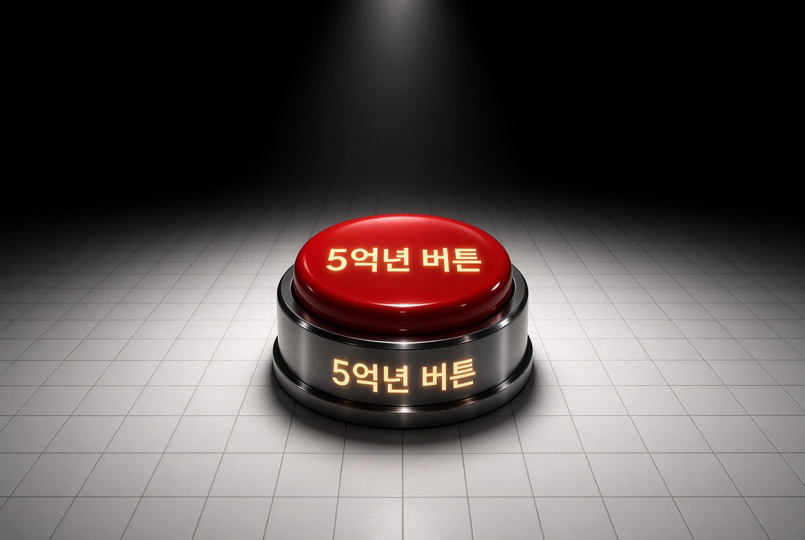 Crypto_KR_J's tweet photo. 5억 년 버튼
누르면 100만 엔이 들어온다.
대신 정신이 아무것도 없는 공간으로 끌려가서 5억 년을 혼자 보내야 한다.
시간이 다 지나면 기억이 지워진 채 현실로 돌아온다.
스포트라이트 아래 놓인 빨간 버튼.
누르시겠습니까? 😂

#5억년버튼

5億年ボタン
ボタンを押すと100万円が入る。
その代わり、意識が何もない空間に飛ばされて 5億年 を一人で過ごさなければならない。
時間が過ぎると記憶が消えた状態で現実に戻る。
スポットライトの下にある赤いボタン。
押しますか？ 😂

#5億年ボタン