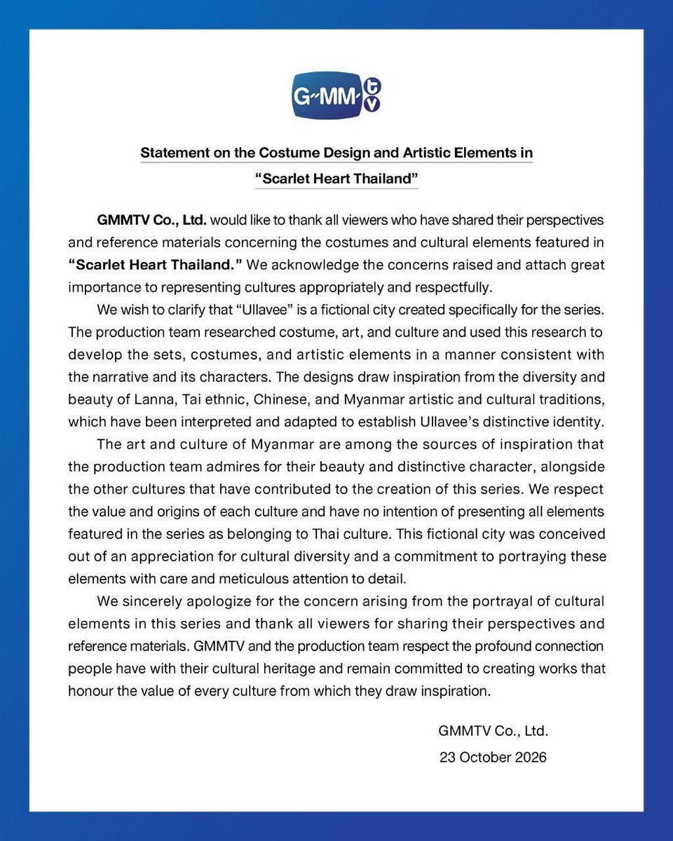 Khinthetsw3pk's tweet photo. As @GMMTV officially admitted using Myanmar cultural elements, it is only right to provide clear on-screen credit in #ScarletHeartTH. We urge the production team and @tha_sataporn to respect our heritage with full accountability. 🇲🇲
#RespectMyanmarCulture #ScarletHeartTH #GMMTV https://t.co/kdNmcNAirS