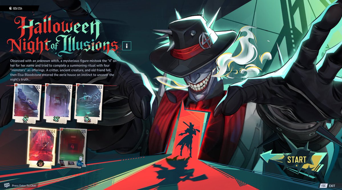 Primly_EN's tweet photo. SPOILERS -
This post will cover all 5 Chapters of the new Event.

If you just want to speed run through the new Halloween Nights of Illusions Marvel Rivals Event for rewards and don't really care about playing through properly or you're lost and not sure what you're missing, continue reading below.  

Chapter 1 - Infirmary 
(11 Items)

It's pretty much going to be like the "Lost Items" Books. You'll see sparkle effects on everything you need to find.

Those items are: 
- Blue Candy
- Green Vial
- Blue Vial 
- Red Candy 
- Yellow Candy 
- Bone Saw 
- Deadpool himself, Head/Shoe/Knee 
- Surgical Forceps 
- Nursing Clipboard
- Used Syringe 
- Hunter's Journal
- Character Clue, Bottom of Deadpool's Dress

After doing this - you will have to report to Deadpool and give him the Blue Candy. 

Successfully completing Chapter 1 Infirmary will grant you the "Nurse On Duty!" Spray. 

Chapter 2 - Scrap Yard 
(10 Items)

- Broken Pressure Gauge 
- Handful of Rusted Gear Shafts
- Dried-Out Marker 
- Tangled Wires 
- Rocket himself, Gun/Foot/Arm
- Ripped Draft 
- Wrench 
- Screw Driver 
- Welding Torch  
-Character Clue, Rocket's Chest 

Security Door Code: 1982 

Successfully completing Chapter 2 Scrap Yard will grant you the "Trash to Treasure" Emote.

Chapter 3 -  Abandoned House 
(19 Items)

- Skull Blueprint 
- Floating Candelabra 
- Tail Blueprint 
- Bone Bullet 
- Pager 
- Leg Blueprint 
- Joint Tenons 
- Bone Pins 
- Extinguished Soul-Lantern 
- Wandering Will-O'-Wisp x4 
- Damaged Energy Crystal Core 
- Spine Blueprint 
- Character Clue, Dinosaur bones

To open the latch: Use Bone Pins 
Reward: Rib Blueprint 

You will then be put into a puzzle solving quest, rearranging 5 pieces into the proper shape of a dinosaur skeleton. If you're struggling you can look at the video below. 

Successfully completing Chapter 3 Abandoned House will grant you the "Any-fin for Candy" Spray.

Chapter 4 - Hall of Eternal Night 
(10 Items)

- Empty Blood Vial 
- Book of Rituals
- Rust-Broken Chain
- Circle Dial 
- Rusted Cross 
- Scribbled Manuscript 
- Blood Moon Orb 
- Arcane Fragment 
- Shadow of The Blood Moon 
- Blade himself, Leg/Chest/Head
- Character Clue (Blade's Groin/Mid-Section) 
- Sword 

It will throw you into two puzzles, the first one requires:
- Blood Moon Orb  (Top Left Slot) 
- Floating Candelabra (Top Right Slot) 
- Arcane Fragment (Bottom Left Slot)
- Rusted Cross (Bottom Right Slot)

After that, another puzzle will appear. You will want to match the Puzzle to the Circle Dial you have in your inventory - If you want to skip that whole riddle, look at the photos below and match them accurately. 

Note: In my screenshot, I noticed that it moves the Blood Moon Orb and Floating Candelabra, not sure if that's the proper position they should be in - or if they moved due to the puzzle. Either way, it allowed me to go onto the next chapter. 

Reward: Blade's Blessing 

Successfully completing Chapter 4 Hall of Eternal Night will grant you the "Thirsty..." Mood.

Chapter 5 -  Unknown Space 
(12 Items) 

- Mister Fantastic  himself, Leg/Arm/Hat/Chin
- Ritual Book 
- Reed Richards's  Diary 
- Portrait of a Mysterious Woman 

Illusional File # 1 -  Trash Panda 
Illusional File # 2 - Skele-Saurus 
Illusional File #3 - Vampire King 
Illusional File #4  - Nurse-Pool 

Giant Red 4 - Elsa Bloodstone's File

Witch's Crystal Orbs Requirements: 
- Blade's Blessing 
- Hunting Rifle 
- Welding Torch
- Bone Bullet 

Reward: New Hunting Rifle 

Continue by clicking on Mr. Fantastic's Groin/Mid-Section

It will throw you into a mini shooting range mini game, where you must use space bar (sorry Console! on PC my Space is my jump by default) and shoot him. 

Successfully completing Chapter 5 Unknown Space will grant you the "Mr. Malignance" Gallery Card, "The Witches Watched" Gallery Card and 100 Units (Blue Currency). 

I hope I didn't miss anything when writing this down, two puzzles stumped me for a bit. If anything just ask questions below and I'll try my best to answer them. 

#MarvelRivals #rivalstwt #mrtwt