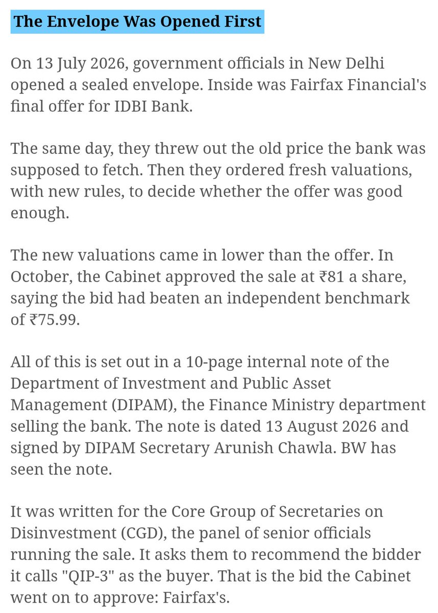 CitizenKamran's tweet photo. EXPLOSIVE ARTICLE
TAKE SCREENSHOTS B4 IT'S TAKEN DOWN 

IDBI BANK SALE WAS A FIXED MATCH

Internal documents from ministry travel that they first saw the bid and then set the price.

@aiboc_in @RahulGandhi @prakashraaj @priyankagandhi

https://t.co/S8O6yTgLTN https://t.co/iQRuRLde7T