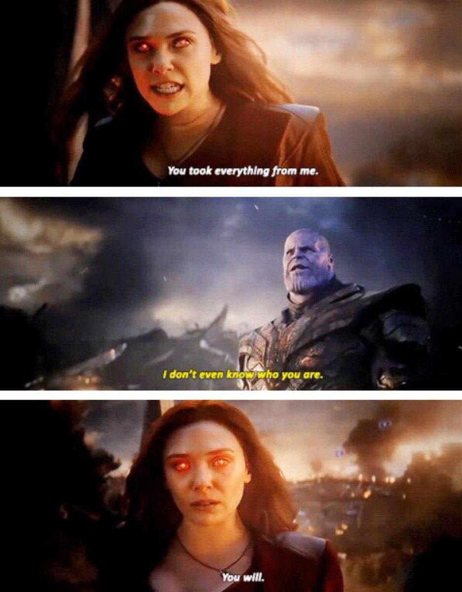 BIGWAVESX's tweet photo. Scarlet Witch was cooking Thanos in Endgame. 

He was getting his armor ripped apart and was seconds away from being finished before he ordered his own army to fire on everyone.

WITHOUT his army, how was Thanos surviving every battle he fight? https://t.co/gTt71oErLt
