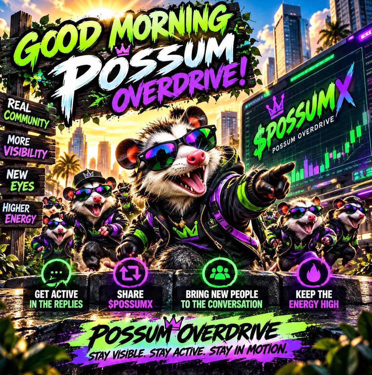 POSSUMX7psx's tweet photo. ☀️🐾 GOOD MORNING, POSSUM OVERDRIVE! 🐾☀️

🦝💚 $POSSUMX is making its presence known. More visibility, more real participation, and more people discovering what we’re about. 📈⚡

💬 Get active in the replies.
🔁 Put $POSSUMX on the timeline.
🤝 Bring new people into the conversation.
🔥 Keep the Overdrive energy alive.

Every share puts us in front of another set of eyes. Let’s keep the momentum moving and make some noise across the timeline! 💜💚

🐾 POSSUM OVERDRIVE — STAY VISIBLE. STAY ACTIVE. STAY IN MOTION. 🚀⚡

🌐 TRADE $POSSUMX ON MOONSHOT
https://t.co/DgvkQVP2KG

💬 JOIN THE TELEGRAM COMMUNITY
https://t.co/iaUlw5FZTs

#POSSUMX #Solana #Memecoin