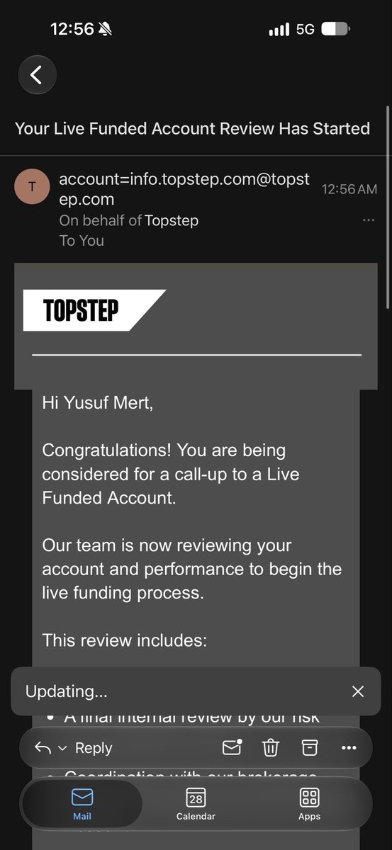 propfirmsupdate's tweet photo. $28,000 In Profits. Moved To Live One Day Before Payout…

Trader @yusuftrades claims @Topstep moved him to a Live Funded Account just one day before his planned payout.

He says his $28,000 in profits are now gone.

His screenshots show:

→ An email confirming his Live Funded Account review had started

→ A dashboard message restricting access to new XFAs due to an active LFA account or an admin restriction