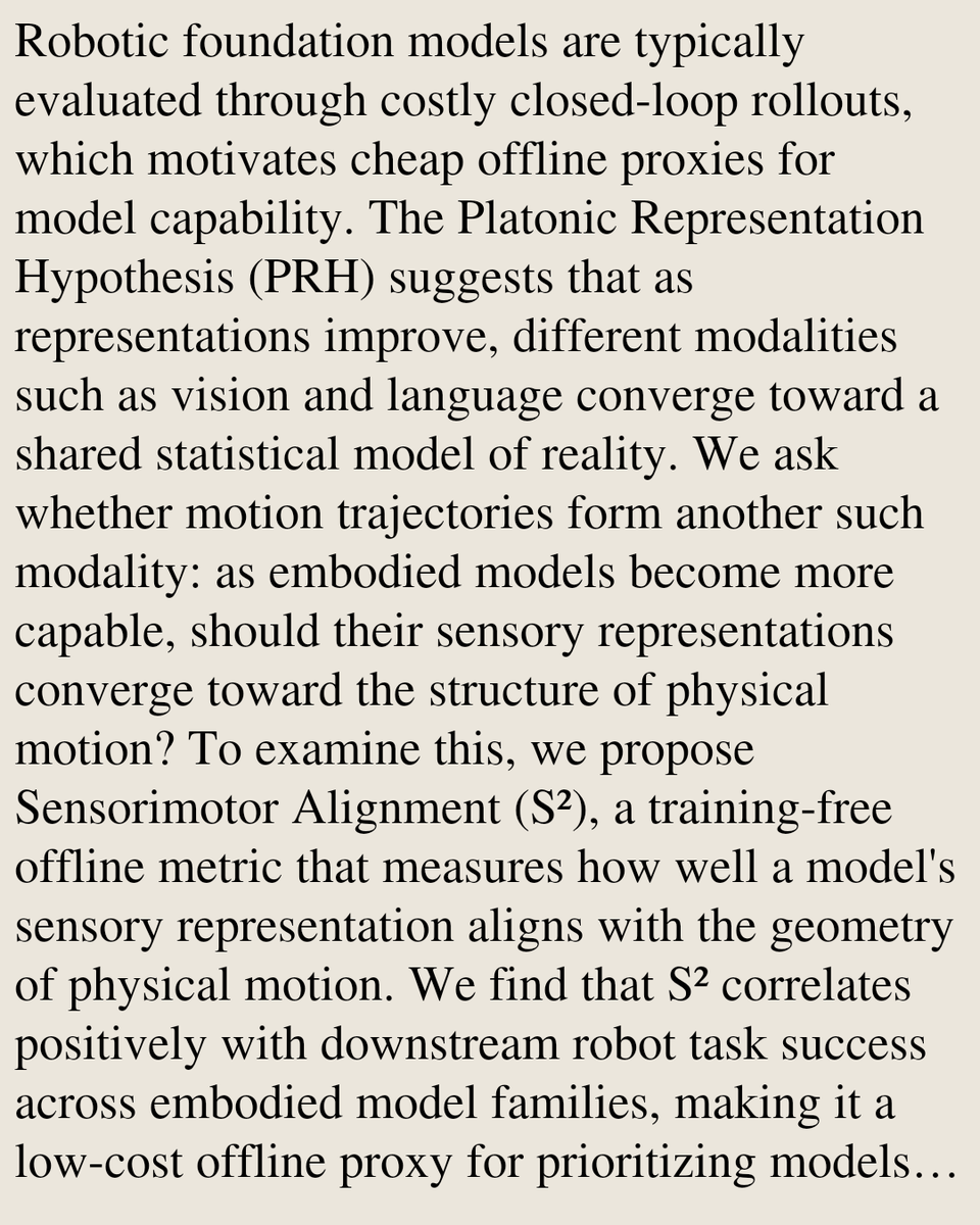 CSVisionPapers's tweet photo. Sensorimotor Alignment: A Platonic Proxy for Embodied Policy Success

Yunfei Xie, Howard H. Qian, Shiyi Lan, Kaiyu Hang, Chen Wei
https://t.co/zx2381uMeC [𝚌𝚜.𝙲𝚅 𝚌𝚜.𝙻𝙶 𝚌𝚜.𝚁𝙾] https://t.co/W8P8HAkuaN